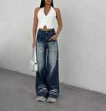 Purpdrank  Fashionable Whitewashed Design Style Girl's Denim Pants - Vintage High Street Long Length Frayed Floor-length Pants