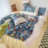 Purpdrank  Korean Ins Rose Pastoral Lace Quilt Cover Washed Cotton Princess Bedding Sets Bed Skirt Ruffles Pillowcase Woman Duvet Cover