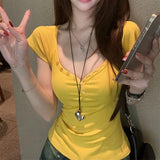 Purpdrank  Vintage Street Y2K Button Up V-Neck Crop Top Women Sexy Low-Cut Skinny Cropped T Shirts Woman Summer Basic Short Sleeve Tee