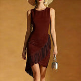 Purpdrank  Ethnic Woman Clothes Spring O Neck Tassel Slim Bodycon Party Dresses Summer Sleeveless Solid Faux Suede Vintage Dress Mujer
