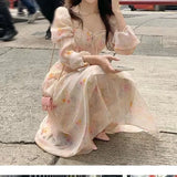 Purpdrank  Floral Print Summer New Women's Dress Gentle Square Collar Pleated Waist Slimming Bubble Sleeve Dresses Fashionable Casual