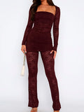 Purpdrank  Sexy Sheer Lace Womens Four Pieces Pant Sets 2025 Fashion Long Sleeve Cropped Cardigan with Tube Tops and Flare Pants Underwear