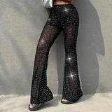 Purpdrank  Sequin Pants Women's High Waist Black Sequin Mesh Dot Print Bell Bottom Pants See-Through Party Pants