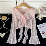 Purpdrank  Summer Sweet Women Sun Protection Blouse Fashionable Bell Sleeve Lace Sheer Cardigan Tops Korean Elegant Ruffled V Neck Shirt