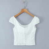 Purpdrank  White Embroidery Hollow Out Dot Short Sleeve Tank Women Open Through Buttons Pleated Front Slim fit Tank Top Crop Tops