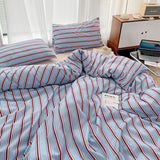 Purpdrank  Simple Red and Blue Striped Quilt Cover Bed Sheet Four-piece Set Washed Cotton Bedding College Dormitory Three-piece Set