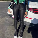 Purpdrank  Black EuropeAn-American Style New High-waisted Elastic Sexy Slim Leather Pants