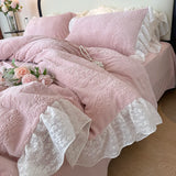 Purpdrank  Vintage French Carved Velvet Lace Ruffles Soft Warm Winter Bedding Set Duvet Cover Flat/Fitted Bed Sheet Pillowcases 4Pcs