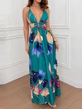 Purpdrank  Elegant V-neck Backless Hollow Maxi Dress Women Fashion Print Hight Waist Slim Long Dress Sexy Sleeveless Split Party Dress