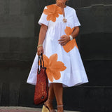 Purpdrank  Plus Size Casual Midi Dress for Women 2025 Summer Deep V-Neck Flower Printed Loose Short Sleeves Shirt Dress for Ladies