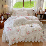 Purpdrank  100% Cotton Korean princess style Floral Lace Ruffles Bedding Set Duvet Cover Set Quilted Bed Skirt Fitted Sheet Pillowcases