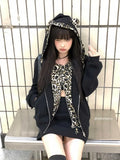 Purpdrank Vintage Fashion Fake Two Piece Leopard Print Hooded Jackets+ Y2k High Waist Bodycon Skirts 2025 Autumn New Black Sets