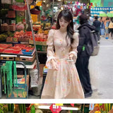 Purpdrank  Floral Print Summer New Women's Dress Gentle Square Collar Pleated Waist Slimming Bubble Sleeve Dresses Fashionable Casual