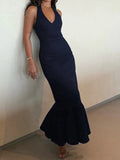 Purpdrank  Elegant Navy Blue Halter Mermaid Long Dress Women Sexy Deep V Front Sleeveless Backless Slim Bodycon Evening Party Gown