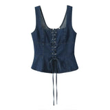 Purpdrank  Sexy Square Collar Blue Denim Camis Sexy Corset Women Front Cross Lacing up Bandage Bow Tank Tops Back Zipper Slim Crop Top