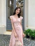 Purpdrank  French Holiday Style Sweet Summer Dresses Women New Fashion Floral Pink Chic Long Dress Female Elegant Korean Popular Clothes
