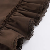 Purpdrank  Elegant Solid 2 Piece Outfit Women's Sexy Lace Trim V Front Sleeveless Halter Crop Top and Ruffles Mini Skirt Matching Set