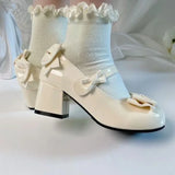 Purpdrank  Lolita Style Cute Round Head  Jane Pumps With Bow Women's Sweet Party Dress Midi Heels Shoes Fashion PU Sandals