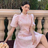 Purpdrank  Modern Young Girl Retro Summer Elegant Cheongsam Dress Women Bubble Sleeve Temperament Party Dresses Pink Fashion Qipao Vestidos