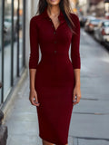 Purpdrank  Casual Long Sleeve Slim Fit Midi Dress Women Elegant Lapel Button Solid Party Dress Spring Autumn Fashion Commuting Skinny Dress