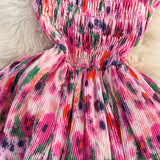 Purpdrank  Flower Printed Pleated Waist A-line Dress Sweet Beach Chiffon Fragmented Pink Strap Dresses Fashionable Cake Vestidos Fairy
