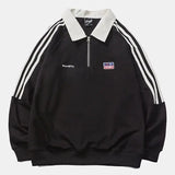 Purpdrank  American Style Vintage Autumn Winter Sweatshirts Women Lapel Patchwork Half Zipper Label Preppy Style Long Sleeve Loose Hoodies