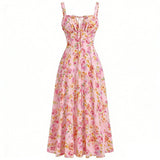 Purpdrank  Women's Floral Print Spaghetti Strap Maxi Dress Slim Fit Tie Front Ruched Vintage Boho Dresses Holiday Vacation Summer Sundress