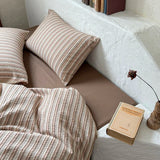 Purpdrank  Brown Stripe Bedding Set simple style For adults kids Brown pink Bed Sheet With Pillowcases 100% Cotton King Queen Full size