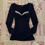 Purpdrank  Cottage Grunge Lace Trim T-shirt 90s Aesthetic Vintage Long Sleeve Pullovers Women Autumn Square Collar Slim Fit Tees Shirt