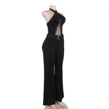 Purpdrank  Sexy Hole Drawstring Bandage Backless Women Rompers 2025 Fashion Ladies Halter Jumpsuits Straight Pant Outfit Goth Black Overall