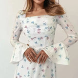 Purpdrank  Elegant Floral Long Dress Women's Summer Fashion High Waist Bell Sleeve Knitted Gown Casual Commute Style Universal Fit