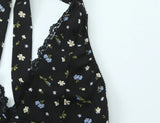 Purpdrank  Sexy Black Floral Print Spliced Lace Bow Halter V Collar Backless Mini Dress Women Elastic Zipper Back A-line Short Robe Holiday