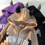 Purpdrank  Trendy Fleece-Lined Little Devil Horn Cardigan Hooded Sweater High Street Loose All-Match Couple Top for Men And Women