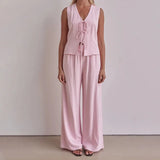 Purpdrank  Trousers Suit Office Lady Outfits Elegant Women Loose Two Piece Set Sleeveless Lace Up Vest Top Elastic Waist Wide Leg Pants Set