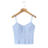 Purpdrank  New Summer Blue White Vertical stripes Print Camis Women Single-breasted Buttons Short Tank Tops Girl Sexy Slim Crop Top Tees