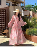 Purpdrank  French Style Floral Waist-Cinching Lantern Sleeve Vacation Beach Dress