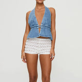 Purpdrank  Women's Y2K Summer Halter Neck Crop Tops Bow Tie-up Sleeveless Deep V-Neck Backless Solid Color Denim Flare Vest