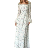 Purpdrank  Elegant Floral Long Dress Women's Summer Fashion High Waist Bell Sleeve Knitted Gown Casual Commute Style Universal Fit