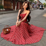 Purpdrank  Casual Waist-Cinching Slimming Patchwork Red Plaid Long Strap Dress for Women