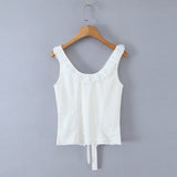 Purpdrank  Holiday Ivory Bow U collar Ivory Spliced Lace Wood ears Strap Tank Women Summer Slim Waist Front Slit Sleeveless Tee Crop Top