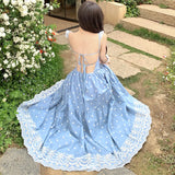 Purpdrank  Spring and Summer New High Waist Slimming Dreamcatcher French Riviera Embroidery Backless Long Dress Women