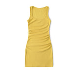 Purpdrank  Sexy U Collar Rib Knitted Cotton Short Tank Dress Women Ruched Waist Sleeveless Stretch Basic Package Hips Robe Vestido