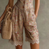 Purpdrank  Spring Summer New Romantic Small Floral Print Shirt Collar Sleeveless Slim Fit Sexy Lace Trim Romper Shorts