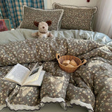 Purpdrank   Korean Pure Cotton Floral Bedding Set Luxury Skin-Friendly Quilt Cover Kit with Fitted Sheet Four Seasons Soft Lace Bedclothes