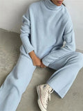 2 Pieces Women Sets Knitted Tracksuit Turtleneck Sweater and Wide Leg Jogging Pants Pullover Suit