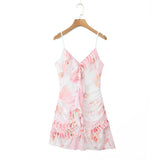 Purpdrank  Sexy Bow Ruffles V neck Tie-dye Print Mini Sling Dress Women Hollow Out Front Ruched Package Hips Irregular Robe Holiday