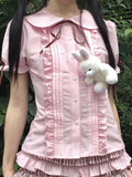 Purpdrank  Summer Japanese Kawaii Sweet Print Lolita Short Sleeve Shirt Women's Fashion Cute Doll Collar Shirt Casual Elegant Bow T-Shirts