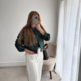 Purpdrank  Vintage Casual Glitter Green Round Collar Jacket Women Long Sleeve Zipper Pocket Loose Coat 2025 Autumn Fashion High Street Coat