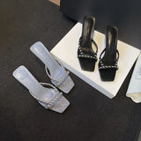 Purpdrank  Low Square Toe High-Heeled Shoes Lady Flock Ladies' Slippers Slipers Women Thin 2025 Rubber Fabric Pumps Slides PU Rome Hoof