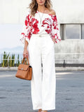 Purpdrank  New Fashion Contrast Color Floral Printed Tops For Women Long Sleeves One-Shoulder Loose Casual Office T-shirts
